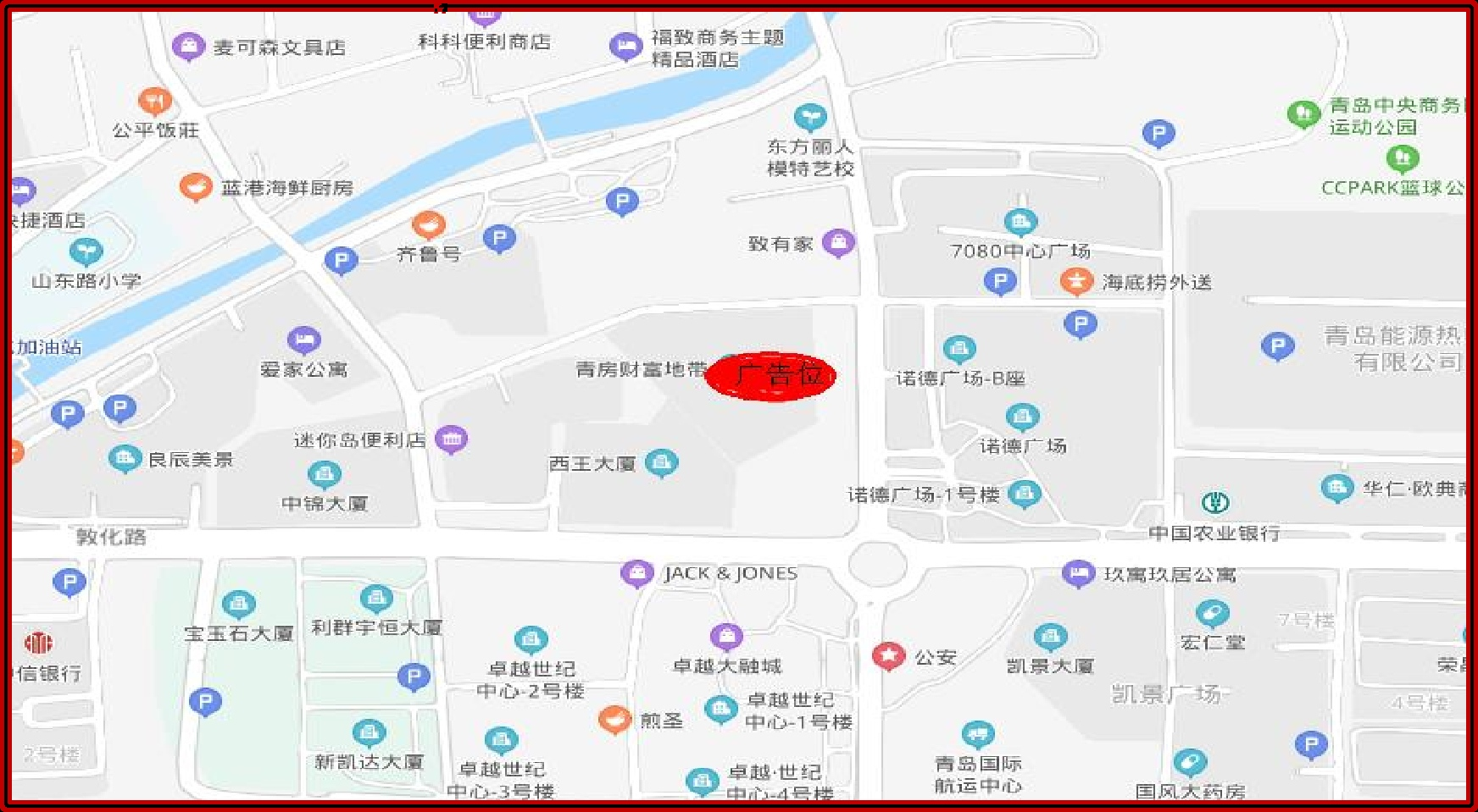 青岛CBD青房财富地带LED屏 点位位置示意
