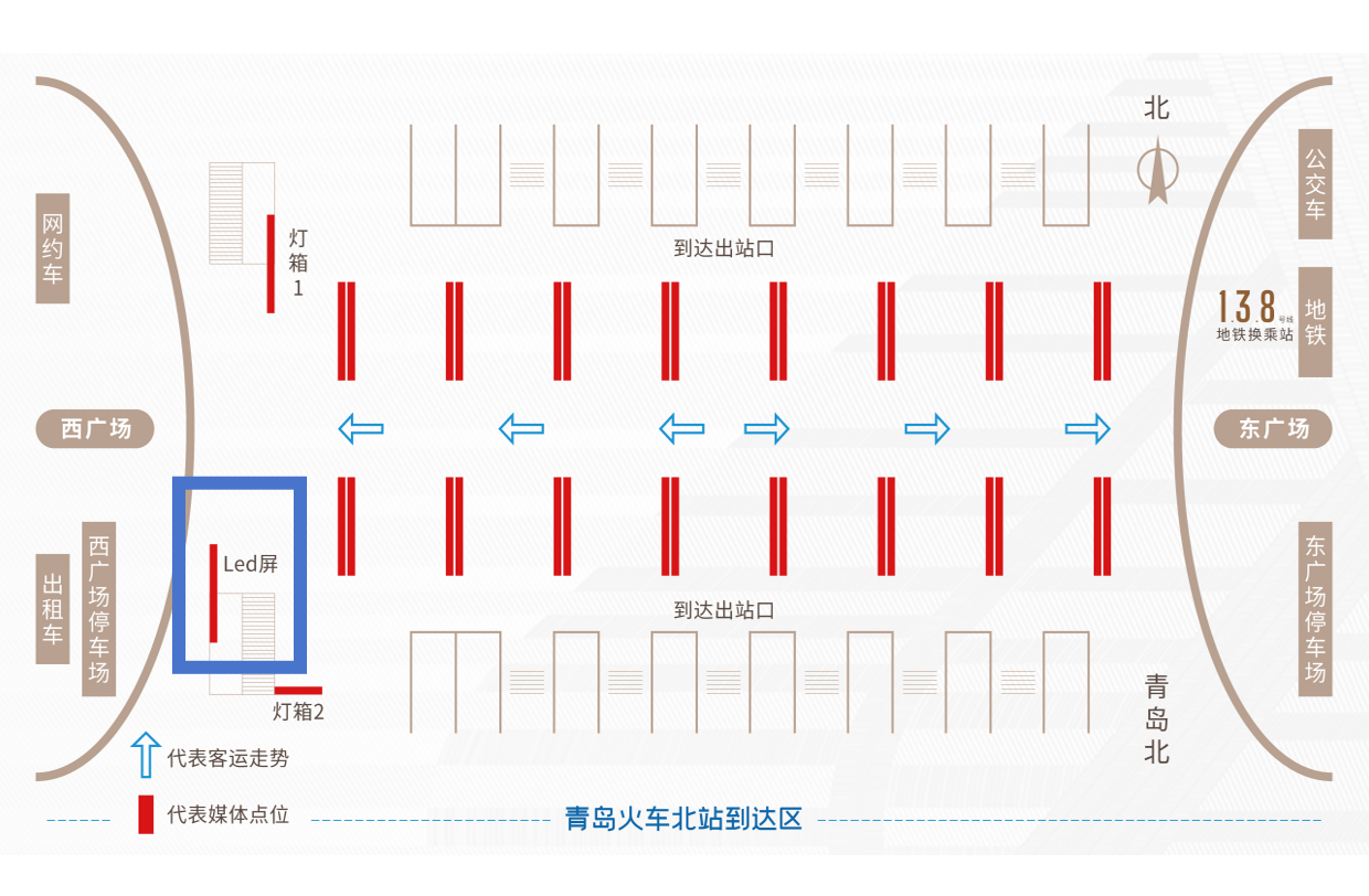 青岛北站西广场出入口扶梯旁LED大屏 点位位置示意